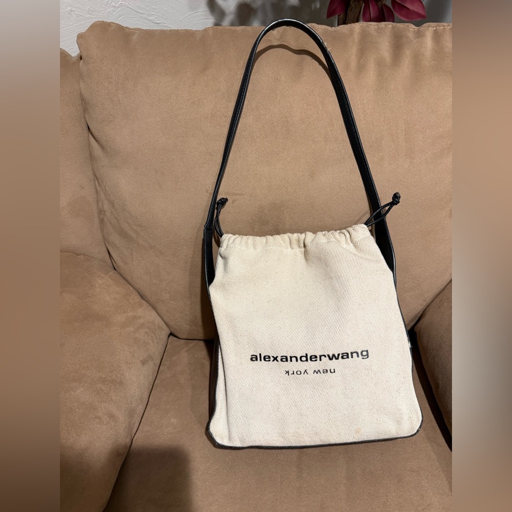 Alexander Wang Cream Canvas Drawstring Shoulder Bag with Black Strap